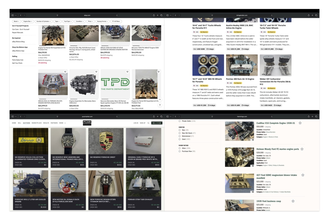 Screengrabs for Parts Hunting of parts auctions and sales.