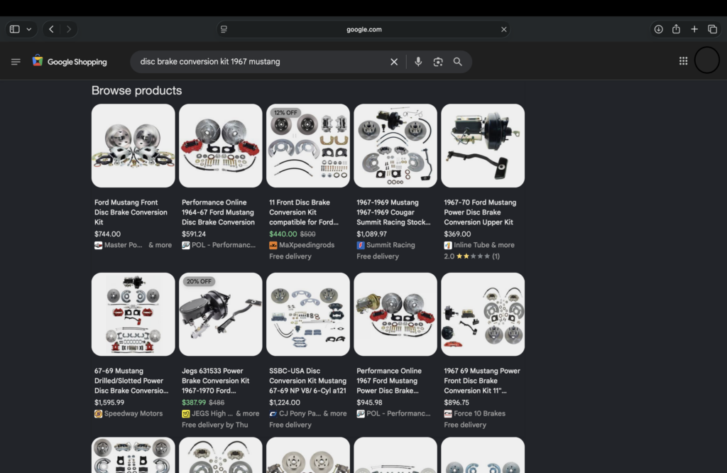 Screenshot of Google Shopping Search of 1967 Mustang Disc Brake Conversion Kit